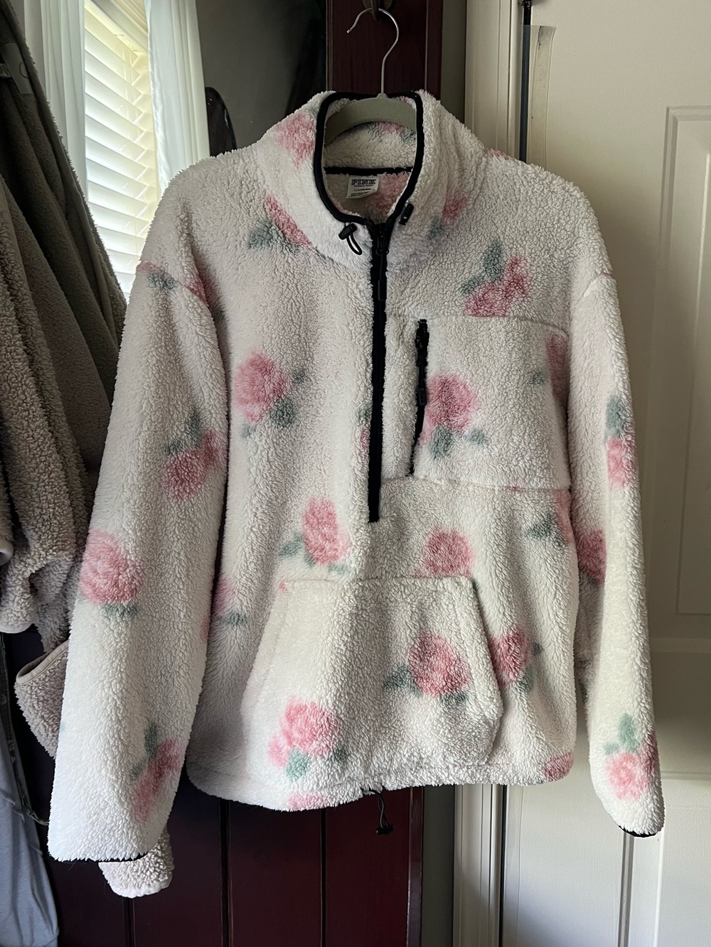 PINK Victoria's Secret White Sherpa Half-Zip Pullover with Pink roses